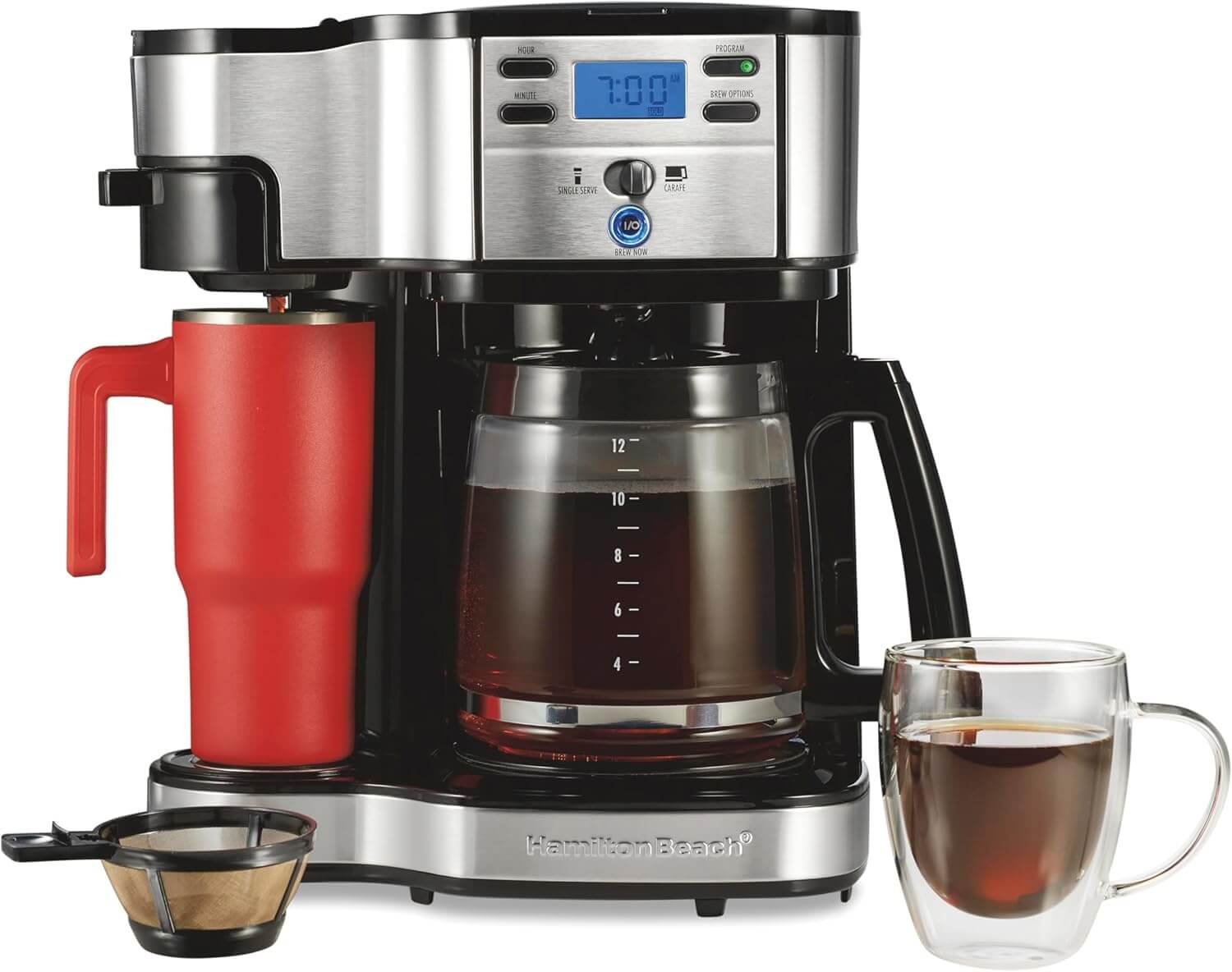 Hamilton Beach 2-Way 12 Cup Programmable Drip Coffee Maker & Single Serve Machine, Glass Carafe, Auto Pause and Pour