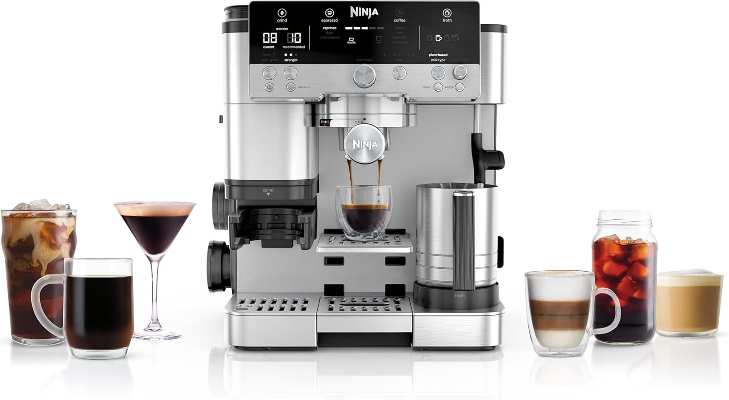 Ninja Luxe Premier 3-in-1 Coffee Machine, Latte, Cappuccino, Cold Brew & Espresso Maker With Built in Bean Grinder & Milk Frother, Easy to Use, 4 Automated Froth Presets, Silver