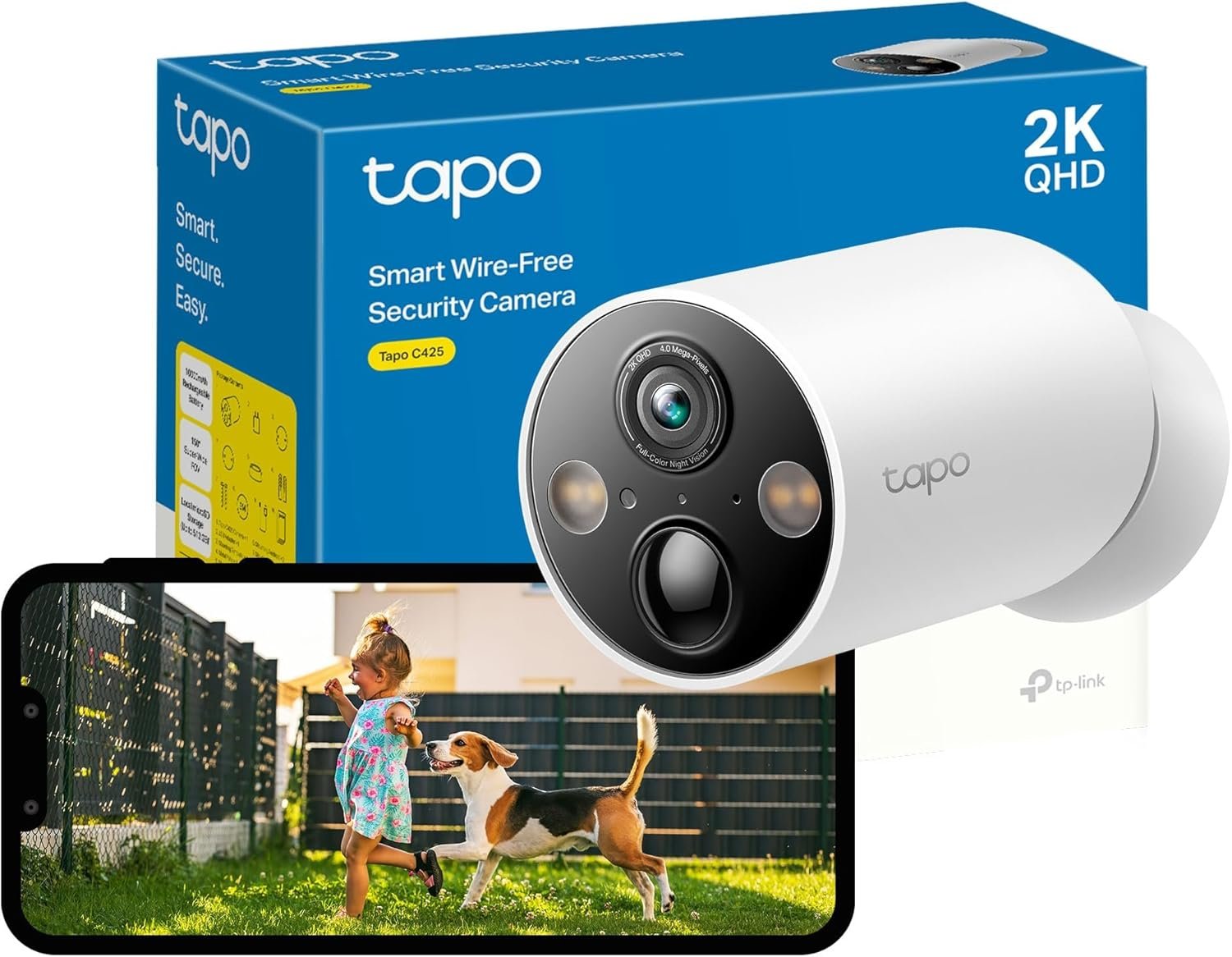 Tapo C425 2K 4MP QHD Battery Security Camera Outdoor Wireless, 300-day Battery Life, 150° Super-wide FOV, Colour Night Vision, Outdoor Camera No Monthly Fee.