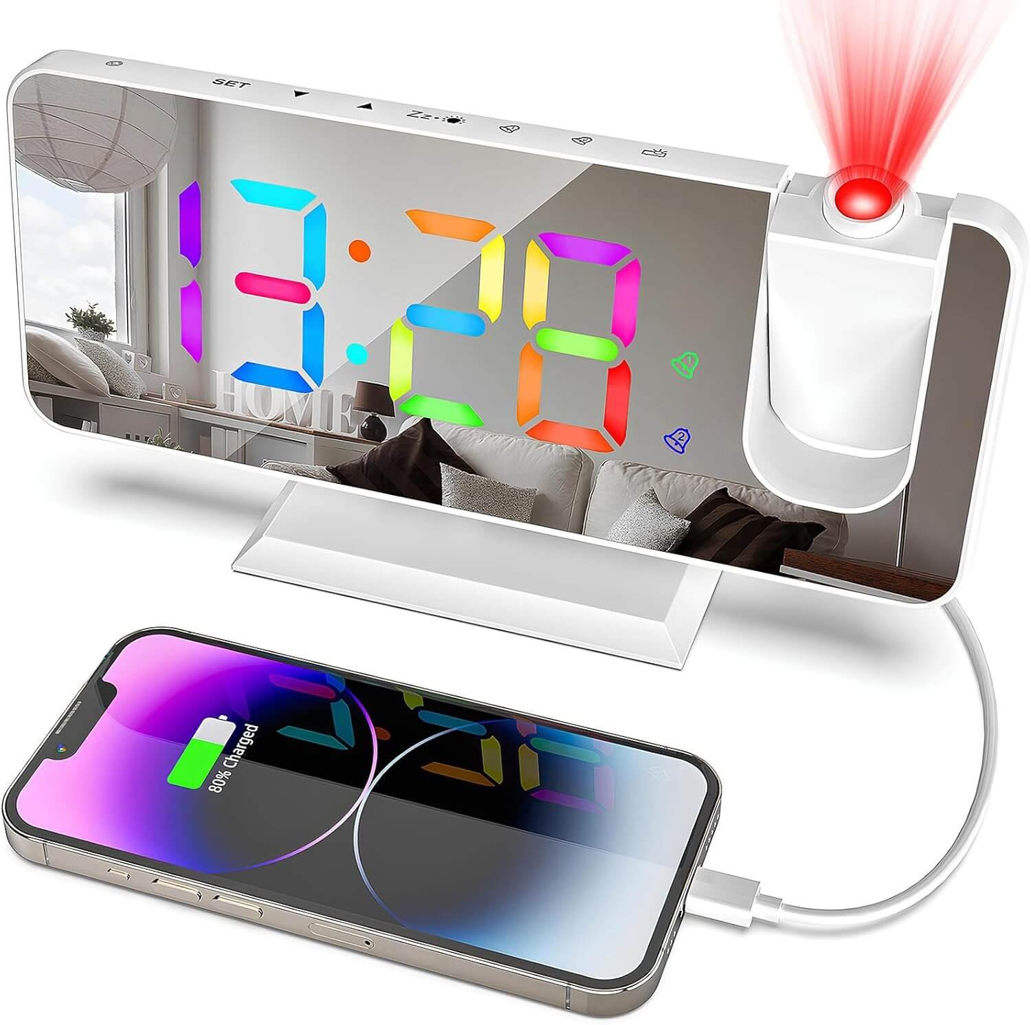 zerotop Projection Alarm Clock Digital Clock with 180° Projector, 7.4" LED RGB Color Mirror Display, 5-Level Brightness Dimmer, USB Charger, Snooze,12/24H, Digital Alarm Clock for Bedroom Bedside