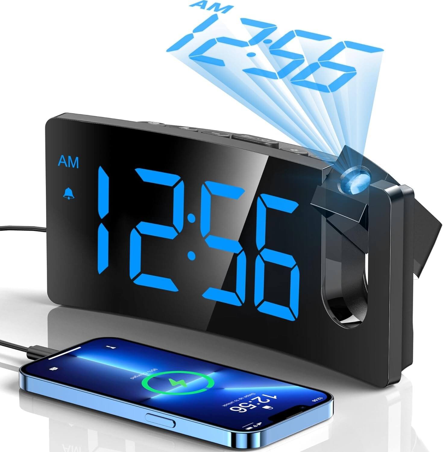 GOLOZA Projection Alarm Clocks Bedside, Digital Clock with 180° Projector, 3-Level Brightness Dimmer, LED Display, USB Charger, Progressive Volume, 9mins Snooze, Digital Alarm Clock