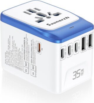 SAUNORCH Universal Travel Adapter, PD 35W 7 In 1 International Power Plug Adapter with 7.0A 4 USB-C and 2 USB-A Fast Wall Charger, Worldwide AC Outlet for US Europe UK AUS Asia