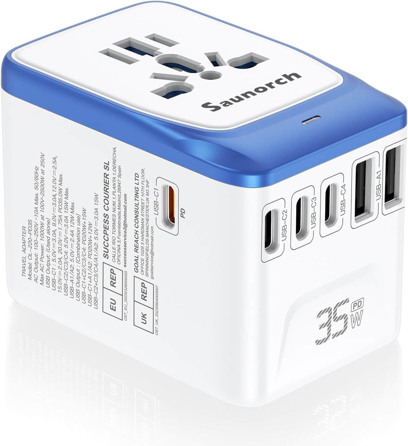 SAUNORCH Universal Travel Adapter, PD 35W 7 In 1 International Power Plug Adapter with 7.0A 4 USB-C and 2 USB-A Fast Wall Charger, Worldwide AC Outlet for US Europe UK AUS Asia