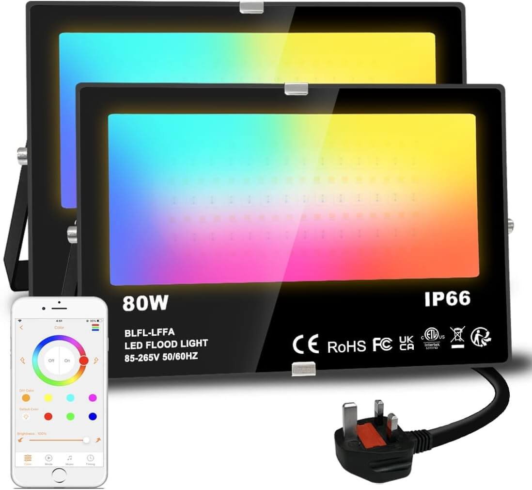 LED Floodlight 80W Equivalent 8000LM, Smart RGB Flood Lights Outdoor with APP Control, Colour Changing + Warm White, Timing - Scene - Garden Lighting, IP66
