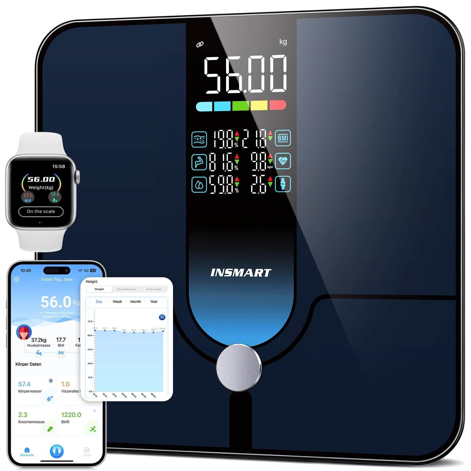 Smart scale, 227 kg/500 lb 30 x 30 cm digital personal scales, body fat scales with app/Bluetooth/full surface sensor, 17 measurement data for BMI, weight, body fat, heart rate, muscle mass
