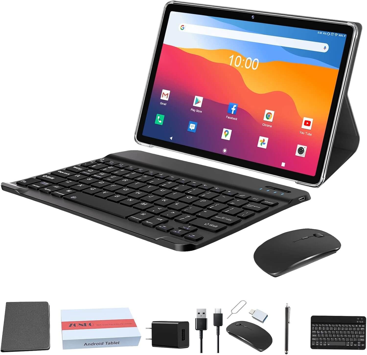 2025 Latest 2 in 1 Tablet 128GB Storage+1TB Expand 10 inch Tablets, 2.4G&5G WIFI Tablet PC, Android 14 Tablets with Keyboard, Octa Core HD Touchscreen