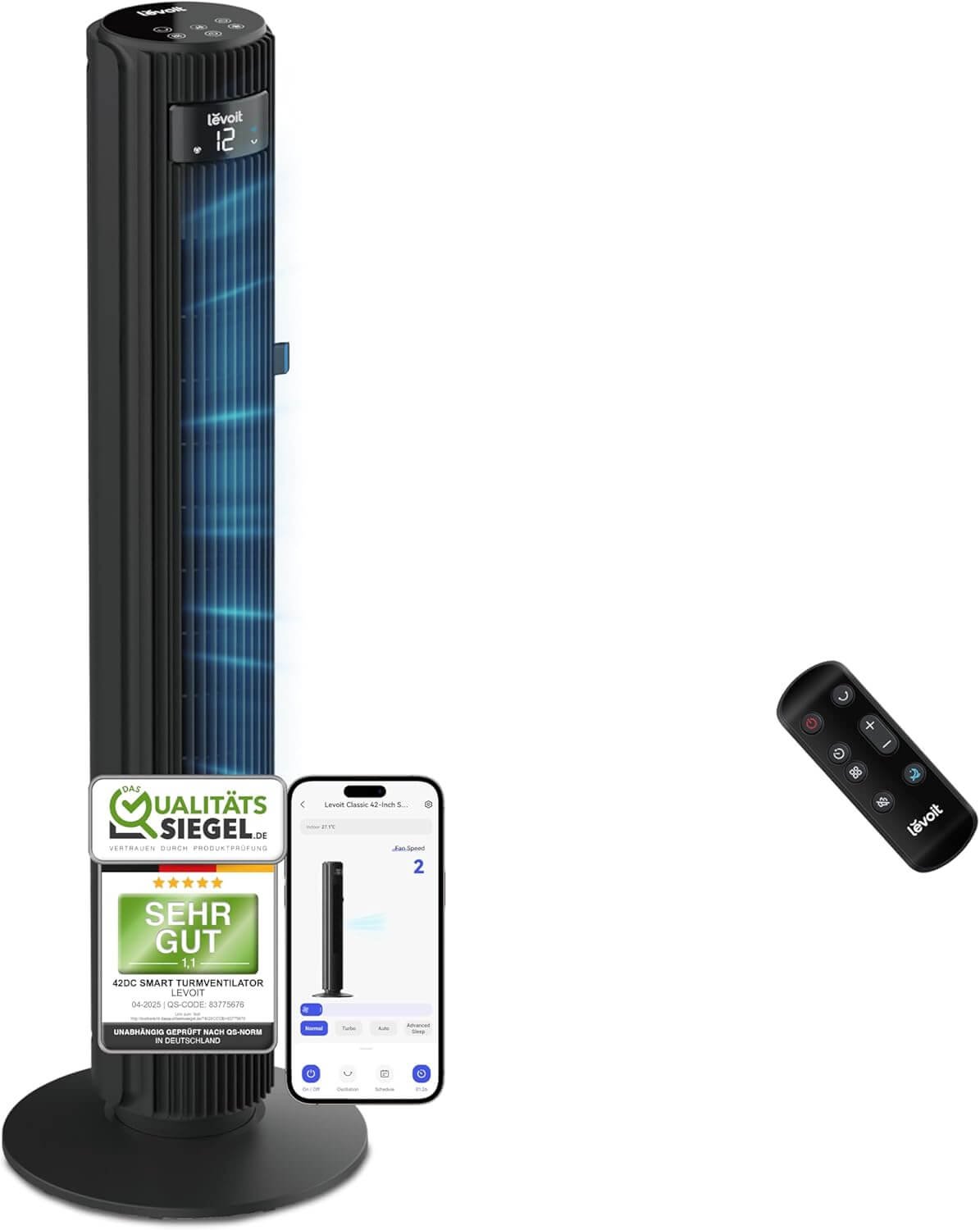 Levoit - 7.9 m/s Smart App Tower Fan Quiet Fan for Bedroom Tower Fan with Remote Control 12 Speeds 4 Modes