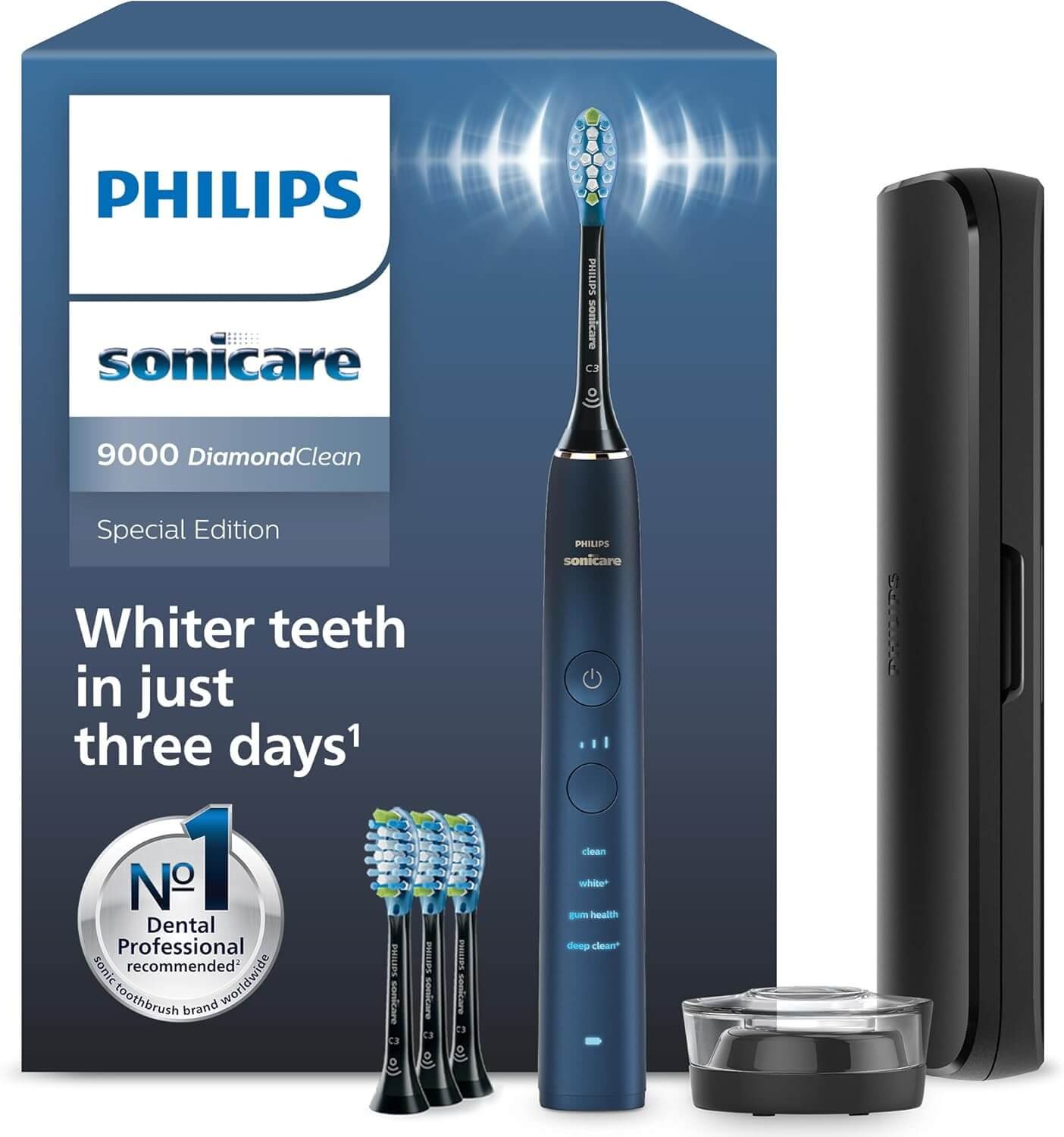 Philips Sonicare DiamondClean 9000 Electric Toothbrush, Special Edition, Sonic Toothbrush with App, Pressure Sensor, 4 Brushing Modes, 3 Intensity Levels, Charging Stand, Aquamarine, Model HX9911/89