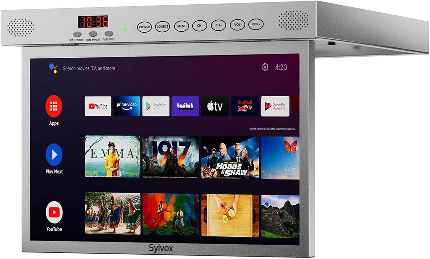 SYLVOX 15.6" Under Cabinet Smart TV – 360° Rotation, 90° Flip-Down Screen, Wireless Connectivity, Space-Saving Design for Kitchen, Bedroom, or RV. (Metallic Silver)