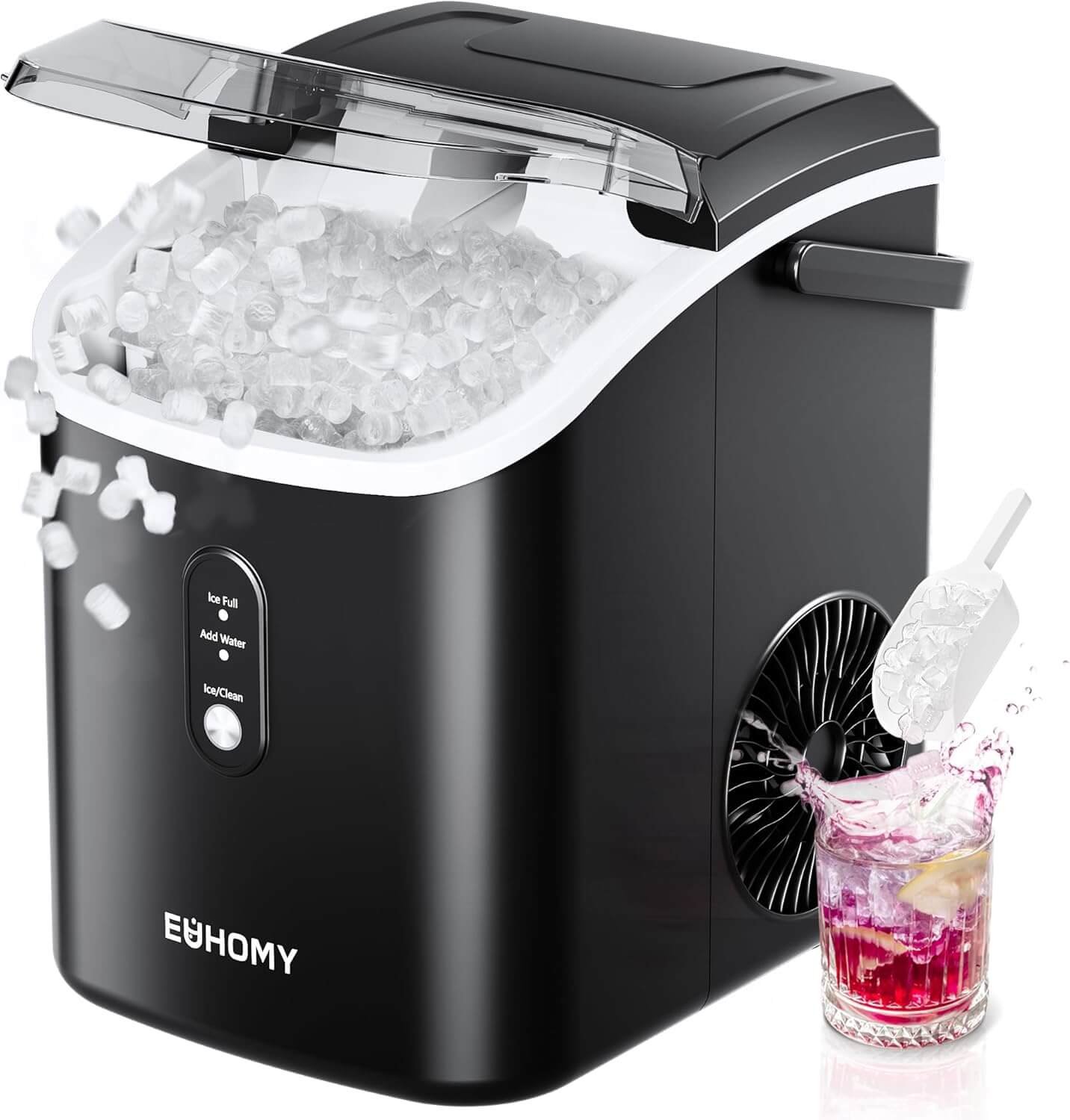 EUHOMY Nugget Ice Maker Countertop with Handle, Ready in 6 Mins, 34lbs Per Day, Removable Top Cover, Auto-Cleaning, Portable Sonic Ice Maker with Basket and Scoop, for Home/Party/RV/Camping 