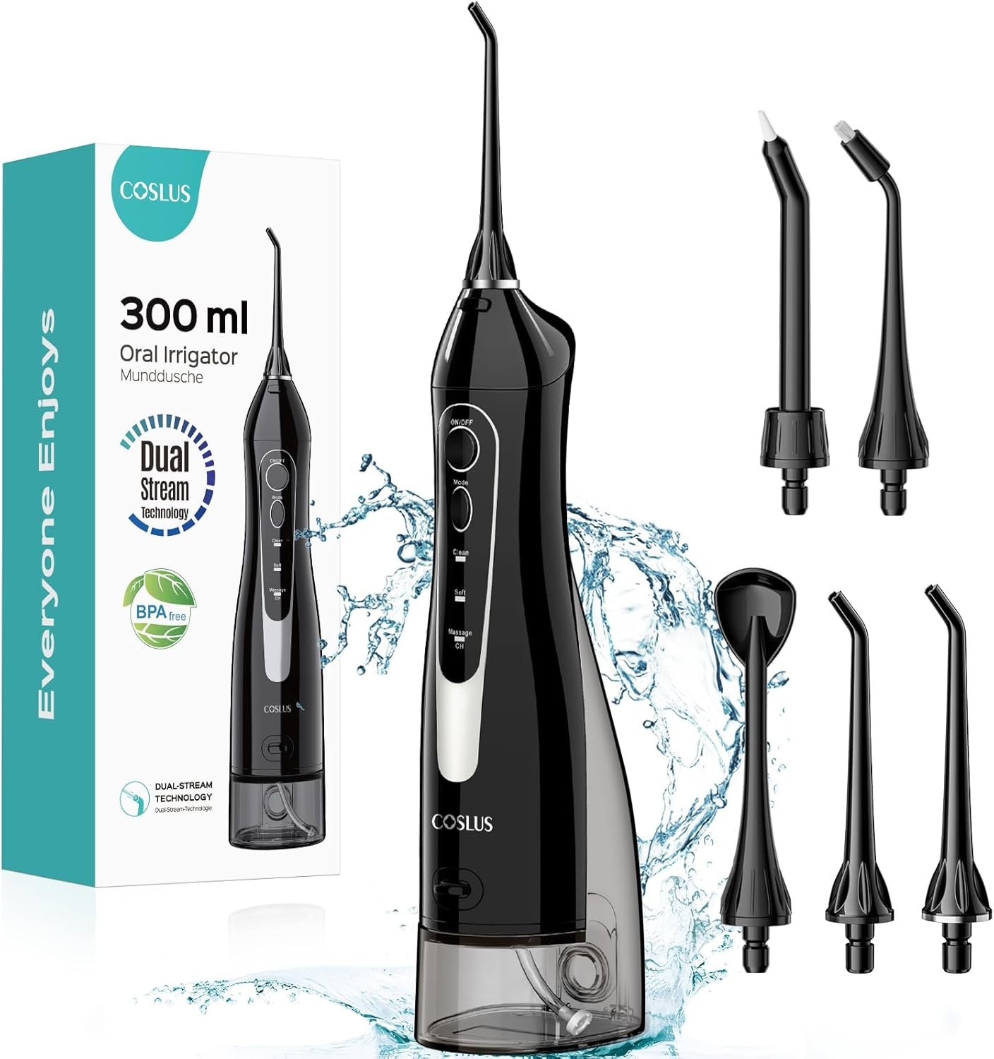 COSLUS Water Dental Flosser Teeth Pick: Portable Cordless Oral Irrigator 300ML Rechargeable Travel Irrigation Cleaner IPX7 Waterproof Electric Flossing Machine for Teeth Cleaning
