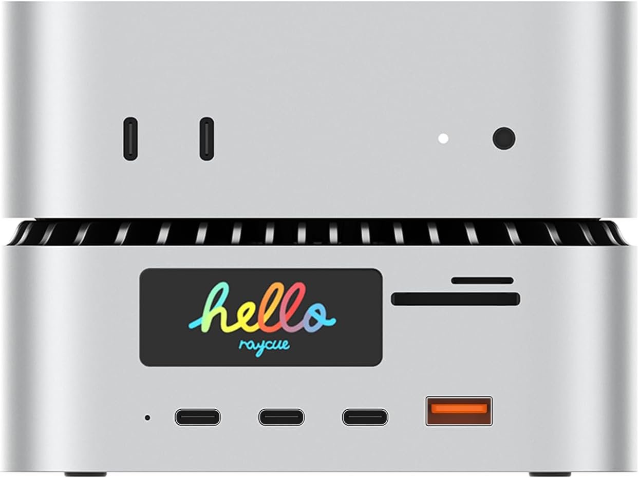 RayCue All-in-One Charger Dock for Mac mini M4, Aluminum Mac mini M4 Dock Hub Stand with 8TB NVMe/SATA SSD Enclosure, 165W Power Delivery, 4K60Hz HDMI, Smart Dis