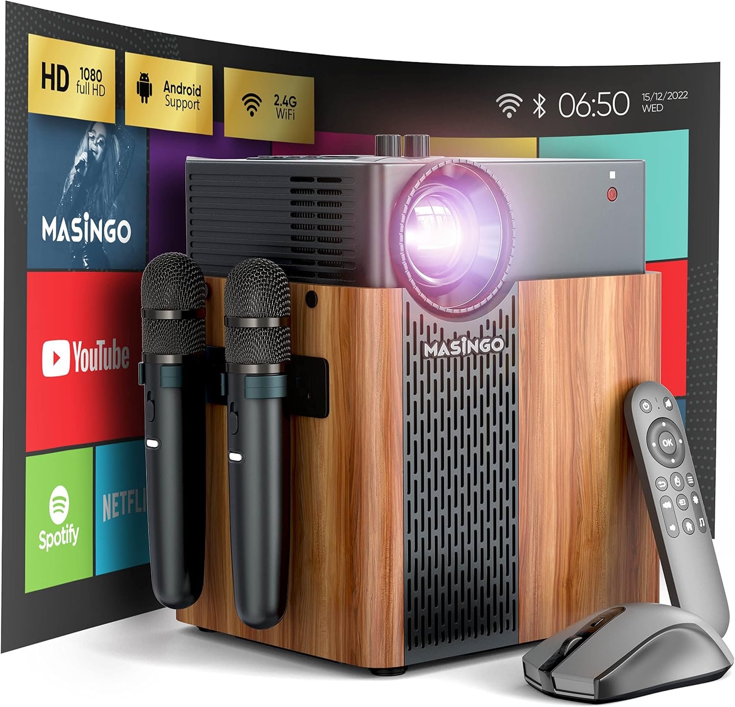 MASINGO 4-in-1 Portable Karaoke Machine with Smart 1080p Projector w/WiFi, Speaker & 2 Wireless Microphones. Built-in Android System for Lyrics Displa