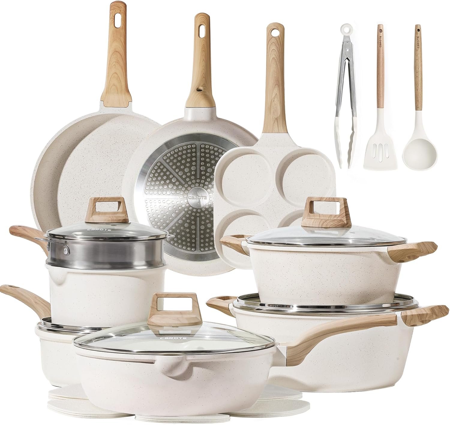 CAROTE 21Pcs Pots and Pans Set, Nonstick Cookware Sets, White Granite Induction Cookware Non Stick Cooking Set w/Frying Pans & Saucepans(PFOS, PFOA Free