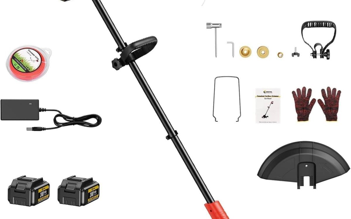 Conentool 24V Cordless Strimmer - 300mm Maximum Trimming Diameter Grass Trimmers with 2 * 4000mAh Batteries and 9 Inch Cutting Blade, Garden Strimmers, 1000W Brushless Motor/ 2024 (Red)