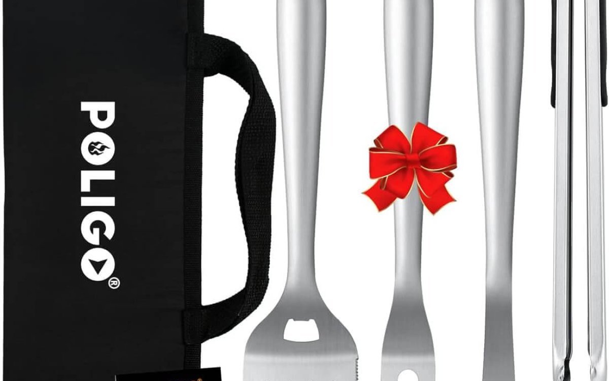 POLIGO 5PCS BBQ Grill Accessories for Outdoor Grill Set Stainless Steel Camping BBQ Tools Grilling Tools Set for Christmas Dads Birthday Presents, Grill Utensils Set Ideal Grilling Gifts for Men Dad