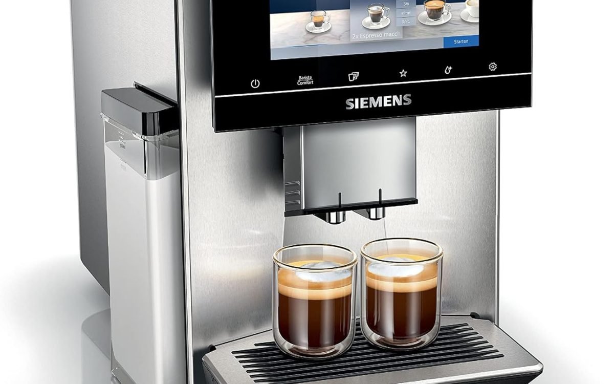 Siemens EQ900 TQ907D03 Fully Automatic Coffee Machine, App Control, Full-Touch Display, Barista Mode, Noise Reduction, Up to 10 Profiles, Automatic Steam Cleaning, 2 Bean Containers, 1500 W, Stainless