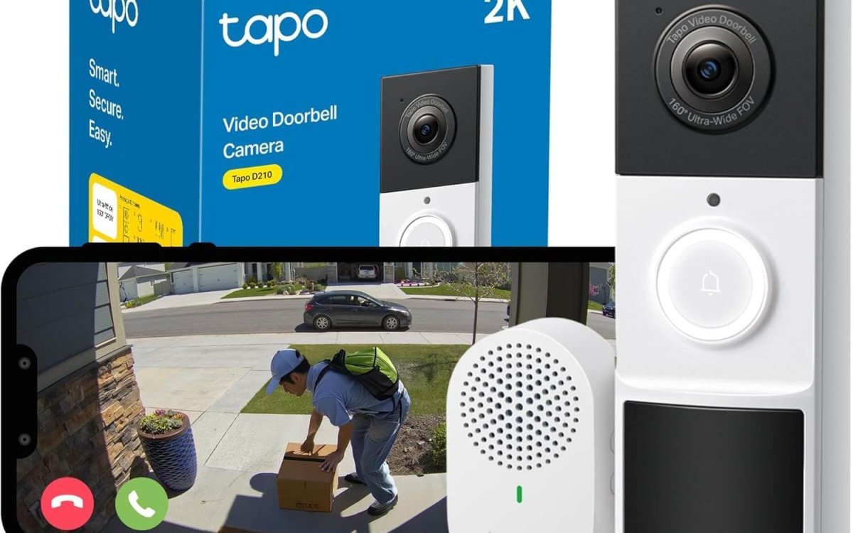 Tapo D210 Doorbell Camera Wireless 2K 3MP Ultra-Clear Doorbell Camera, Battery Video Doorbell Wireless, Ring Chime Included, Color Night, TP-Link Free AI Detection,IP65,6-Month Battery,No Monthly Fee