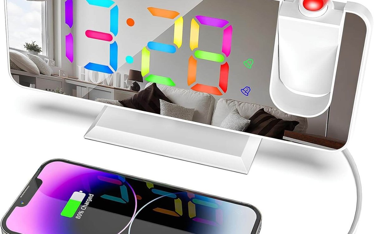 zerotop Projection Alarm Clock Digital Clock with 180° Projector, 7.4" LED RGB Color Mirror Display, 5-Level Brightness Dimmer, USB Charger, Snooze,12/24H, Digital Alarm Clock for Bedroom Bedside